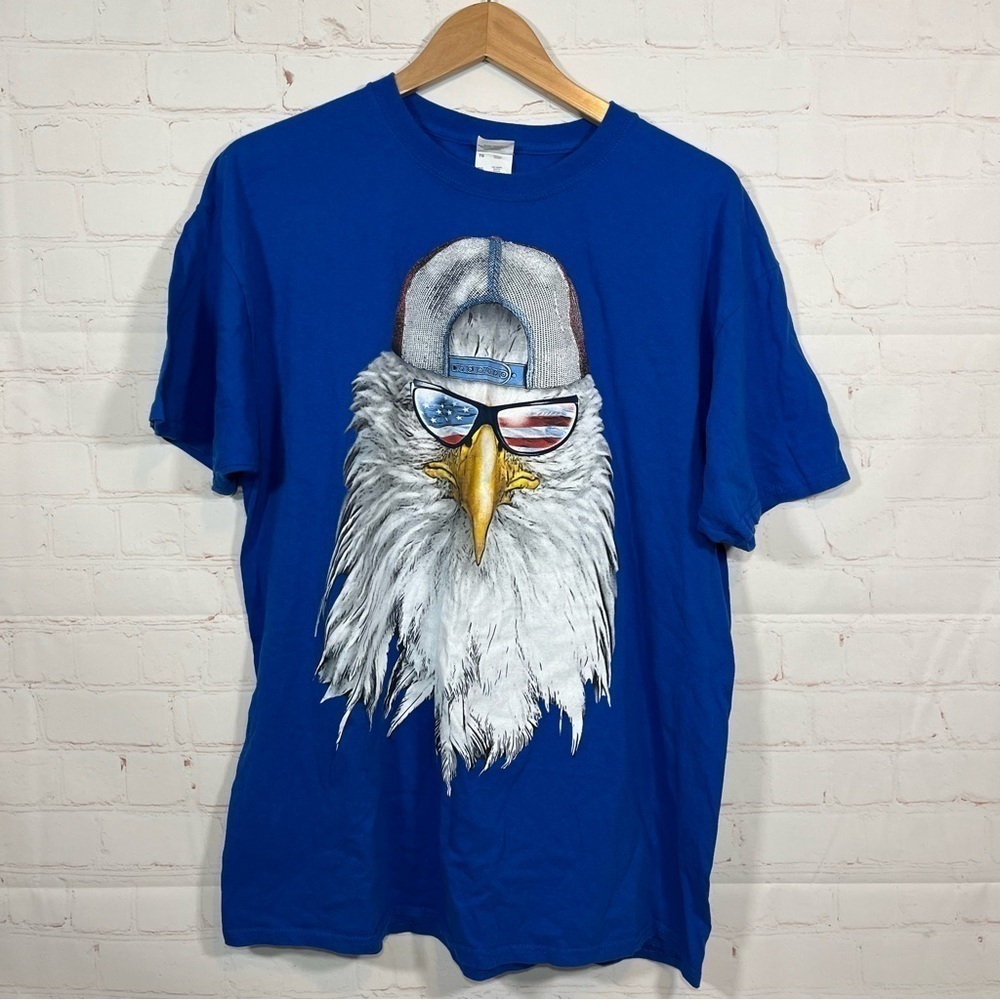 Vintage Bald Eagle USA Big Print T Shirt Mens Size XL Blue